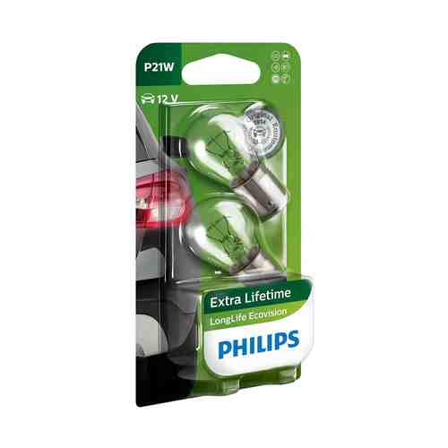 Лампы автомобильные Philips LongLife EcoVision P21W 12В 21Вт стандартные для салона и сигнальные 12498LLECOB2