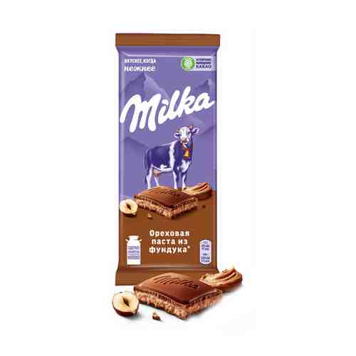Плитка Milka молочный шоколад с ореховой пастой из фундука 85 г