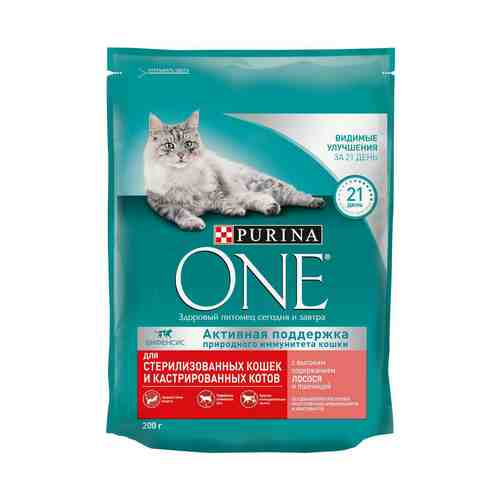 Сухой корм Purina One для стерилизованных кошек и кастрированных котов с лососем и пшеницей 200 г