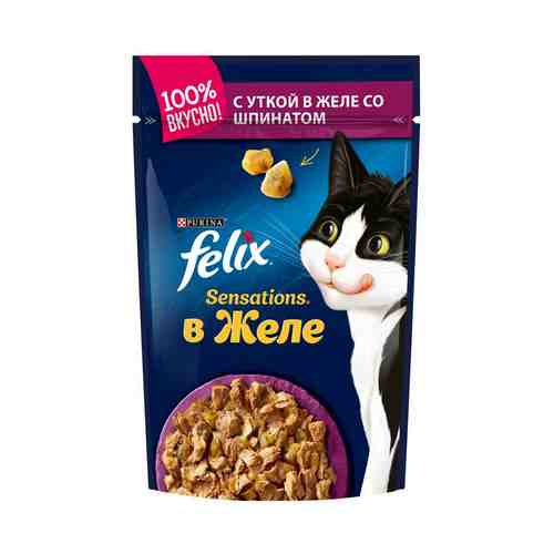 Влажный корм Felix Sensations для взрослых кошек с уткой в желе со шпинатом 85 г