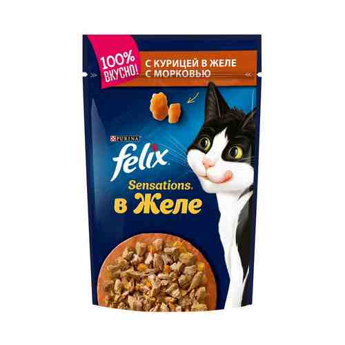 Влажный корм Felix Sensations курица в желе с морковью повседневный для взрослых кошек 85 г