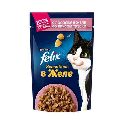 Влажный корм Felix Sensations лосось в желе с добавлением трески повседневный для взрослых кошек 85 г