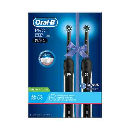 Зубные щетки Oral-B Pro 1 790 Black Edition Cross Action Set электрическая средней жесткости черная 2 шт